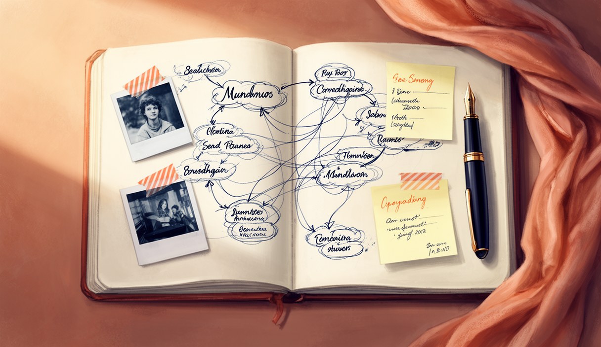 Editorial illustration of a cork board with a small mind-map of pinned polaroid photos and washi tape labels marking dates, an open notebook on the desk below, soft lamp light