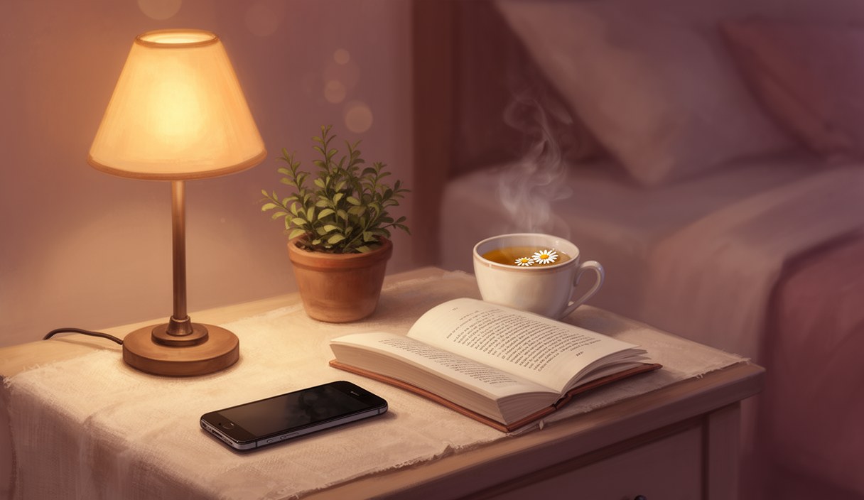 Editorial illustration of a floor-to-ceiling bookshelf, a reading nook with a soft throw, paperback open mid-spine on the seat, warm afternoon light