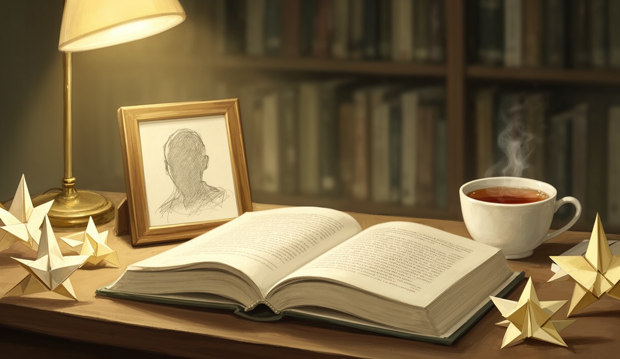 Editorial illustration of a woman's reading desk: open paperback, paper origami, a small framed sketch of a fictional character, warm bookshelf in the background