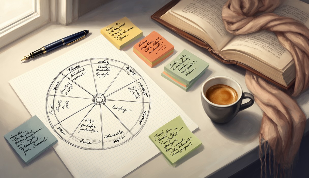 Editorial illustration of a writer's desk with a personality wheel sketch, color-coded sticky notes labeled with traits, and a fountain pen — character design study mood