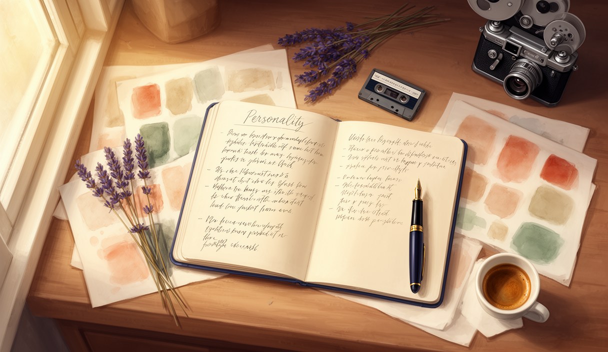 Editorial illustration of a character-study notebook with handwritten traits, sketch silhouettes (no faces clearly shown), warm desk lamp on a writer's desk, painterly mood