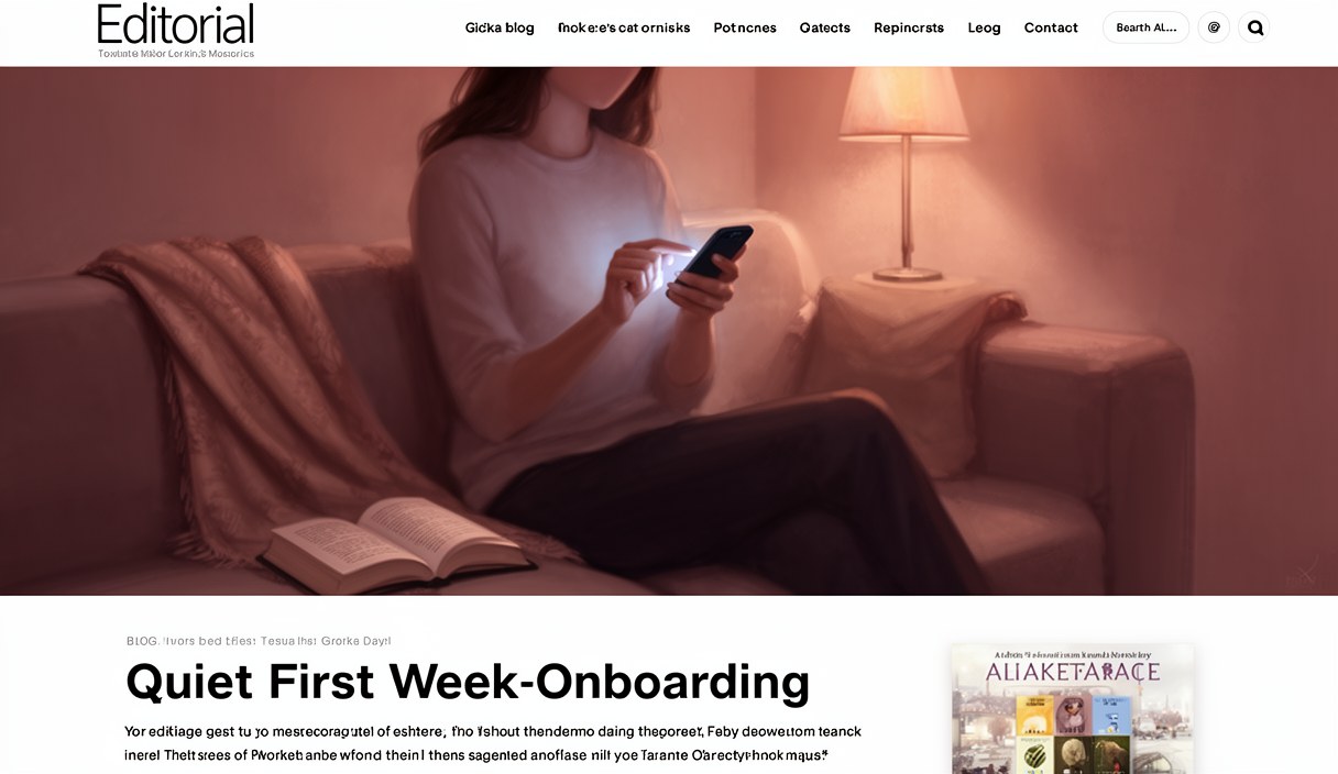 Editorial illustration of a woman thumbing a message into a phone, on a couch corner with a soft lamp behind, evening light — first-day AI conversation