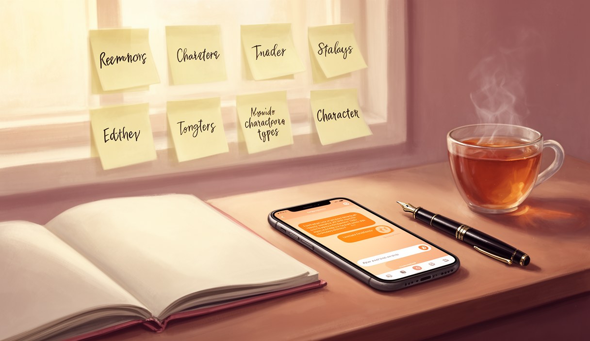 Editorial illustration of an open notebook on a cafe table with five small phone silhouettes drawn in pencil, a coffee cup, soft afternoon light — calm comparison study mood