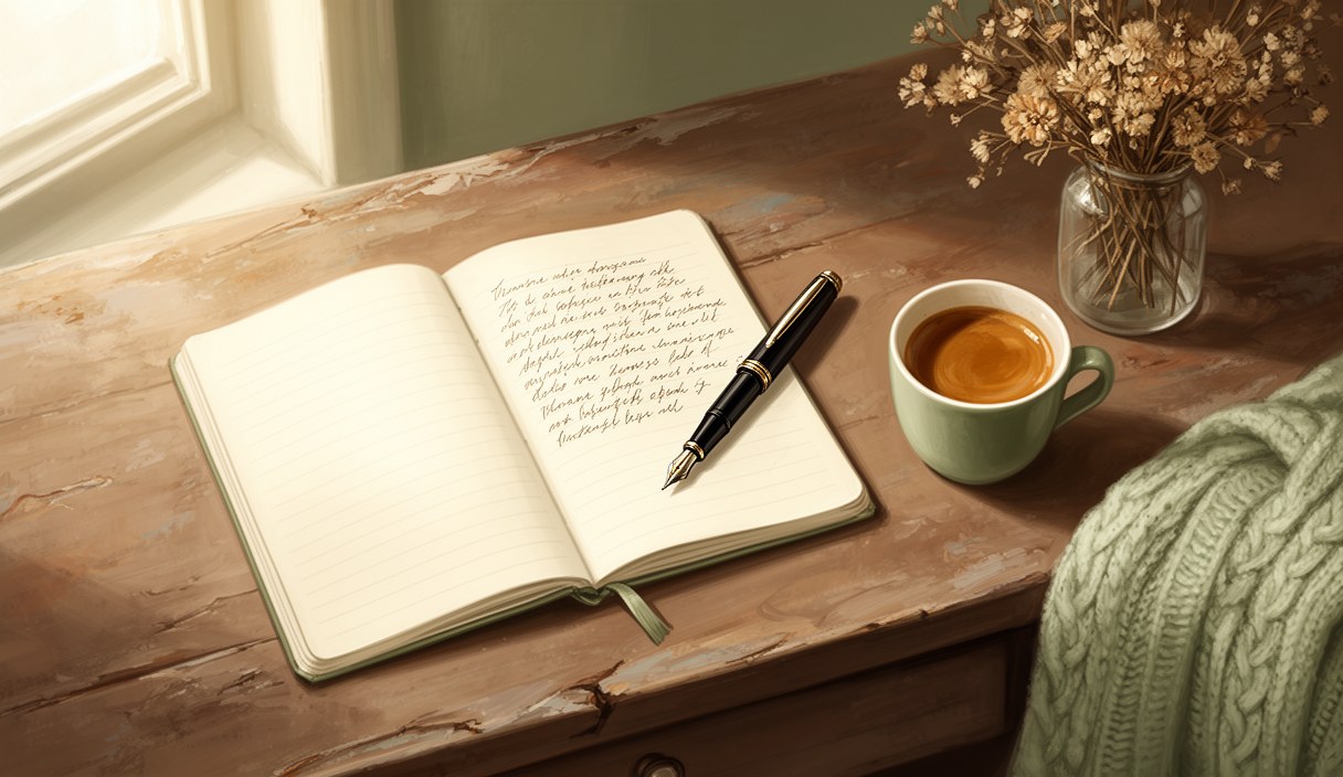Editorial illustration of a fountain pen mid-stroke on cream stationery, a small wax-seal stamp nearby, the corner of a typewriter key visible at the edge — soft afternoon light