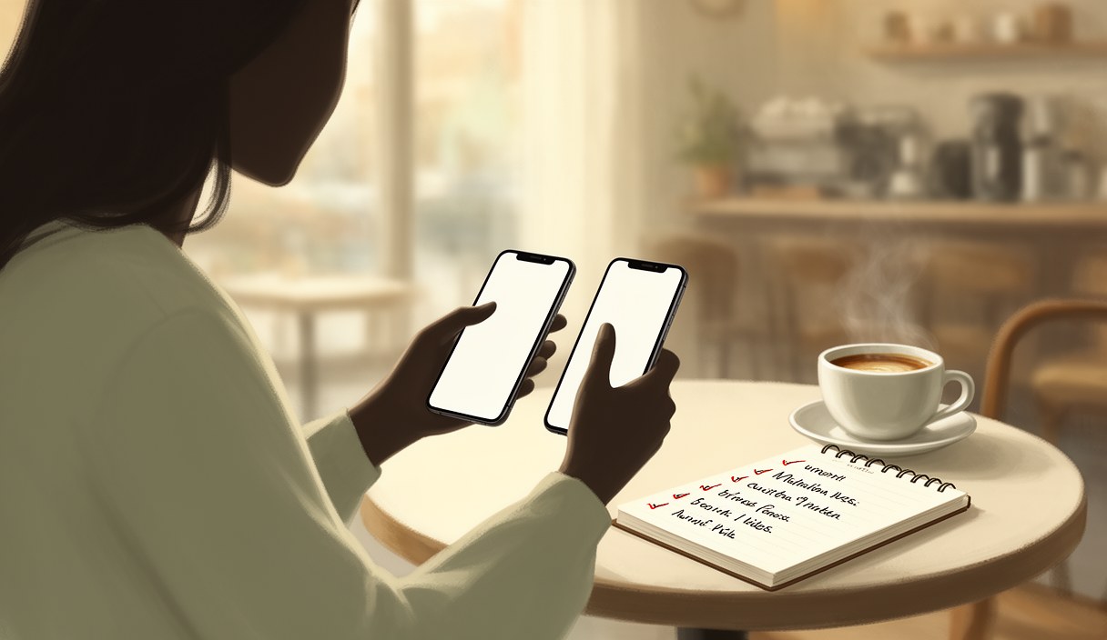 Editorial illustration of two phones side by side on a bedside table, one warm yellow lamp glow between them, a paperback resting between the phones