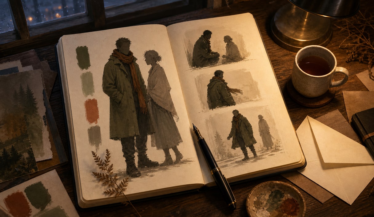 Painterly editorial illustration of an original quiet-protector character study in an open sketchbook on a warmly lit designer's desk