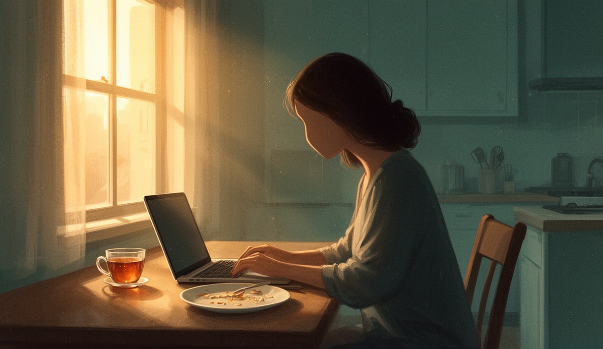A woman working alone at a kitchen table with her laptop, late afternoon golden light through the window, mug of tea beside her — an editorial illustration of quiet WFH loneliness